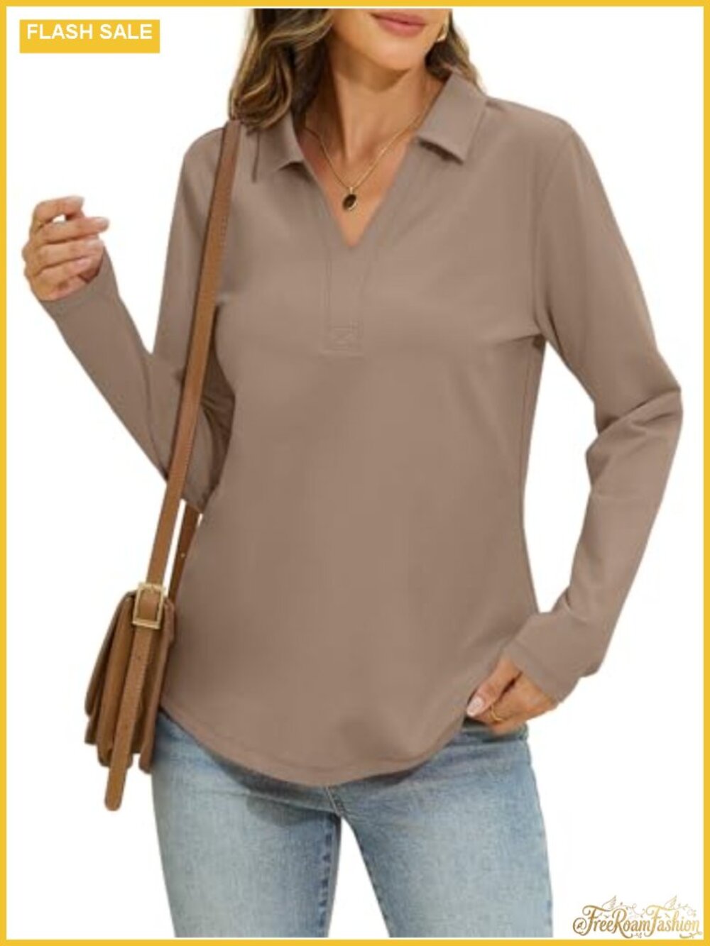 Womens Cotton Long Sleeve Polo Shirt Collared Loose Fit V-Neck Top